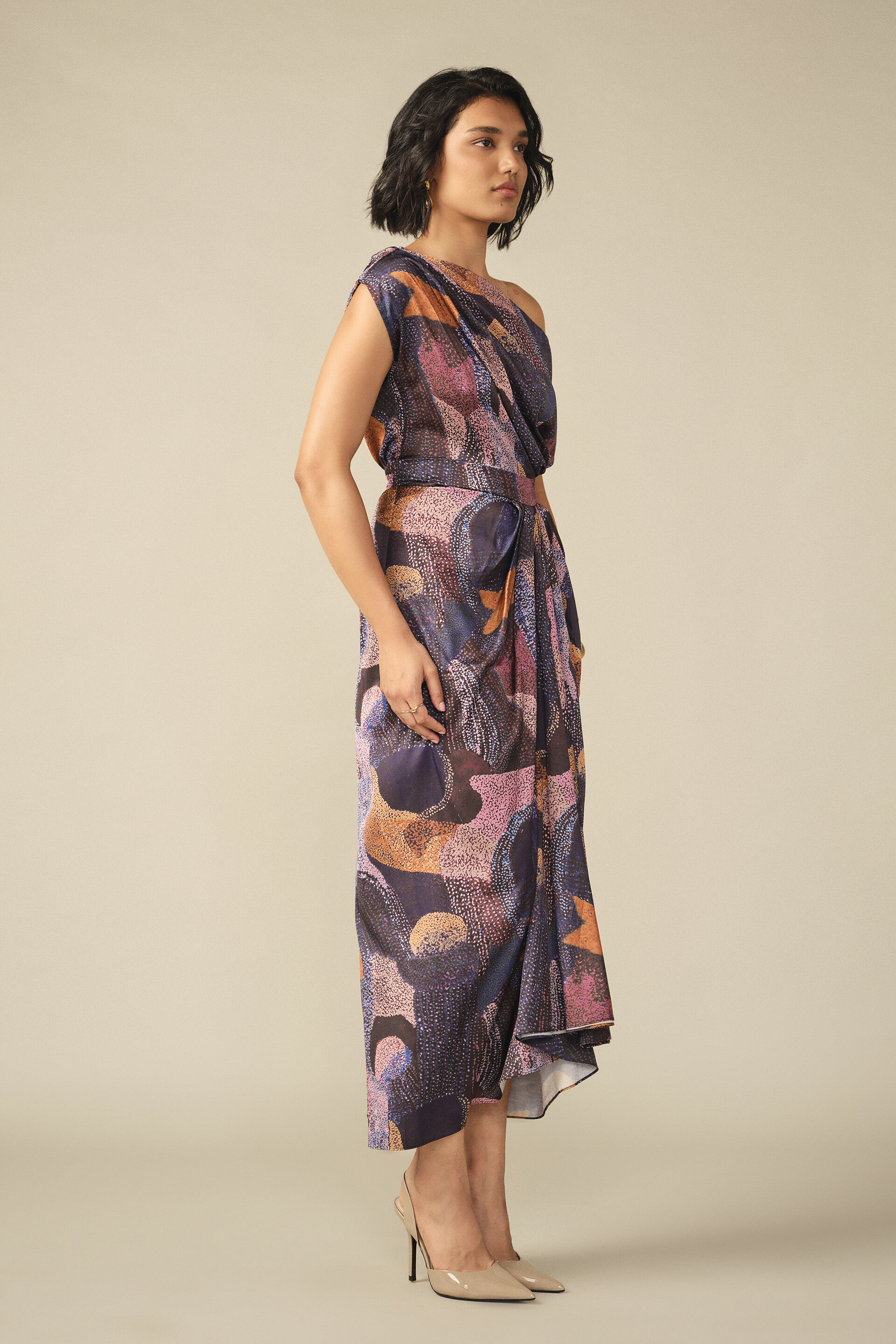 Abstract Print Draped Dress in Navy, Blue, image 4